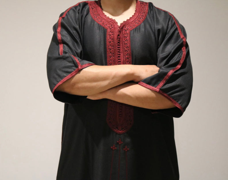 Black Moroccan Thobe with Red Embroidery