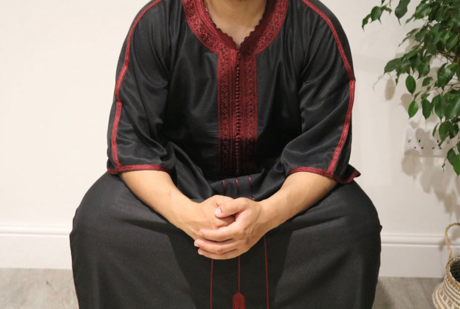 Black Moroccan Thobe with Red Embroidery