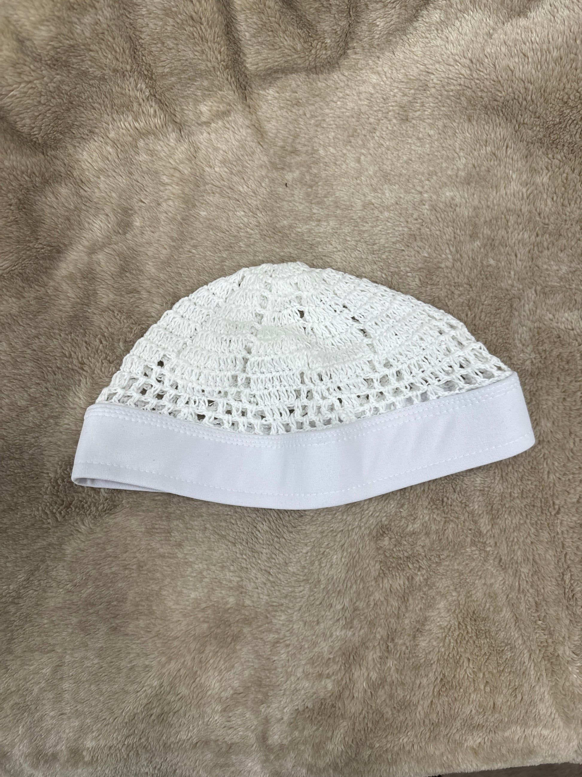 White Crocheted Kufi Hat - 100% Cotton Prayer Cap With Mixed Weave (Tight & Loose)
