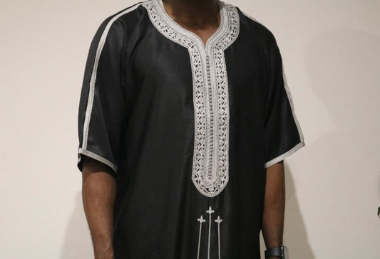 Black Moroccan Thobe with Grey Embroidery