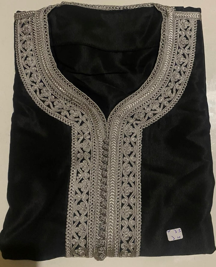 Black Moroccan Thobe with Grey Embroidery